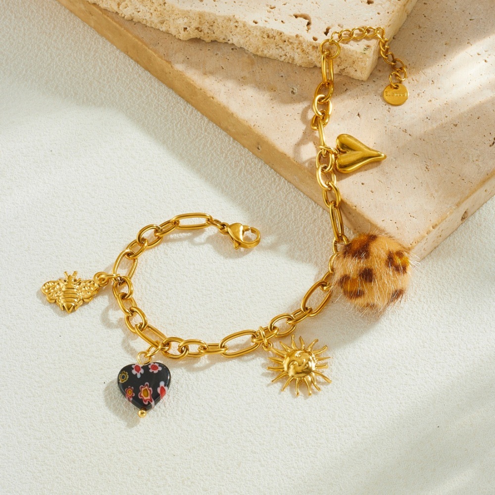 European and American cross-border Maillard style leopard print spherical heart-shaped gold-plated sun pendant stainless steel jewelry bracelet