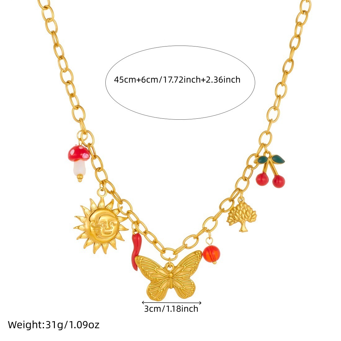 Cross-border fashion gold-plated multi-element pendant sun bow dripping cherry pendant stainless steel jewelry necklace