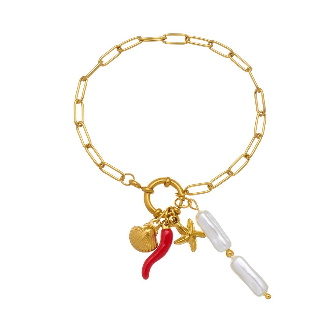 Korean Style Fashionable and Simple Gold-Plated Round Spring Clasp Handmade DIY Starfish Scallop Pearl Pendant Stainless Steel Bracelet