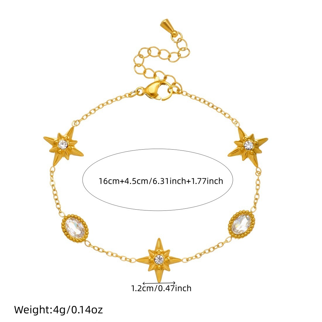 Korean style, fashionable and simple, rhinestone-encrusted oval gold-plated eight-pointed star accessory chain, exquisite stainless steel jewelry bracelet.