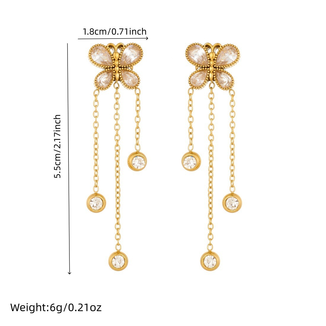 Stylish and simple everyday wear long dangling tassel chain round pendant butterfly gold-plated earrings