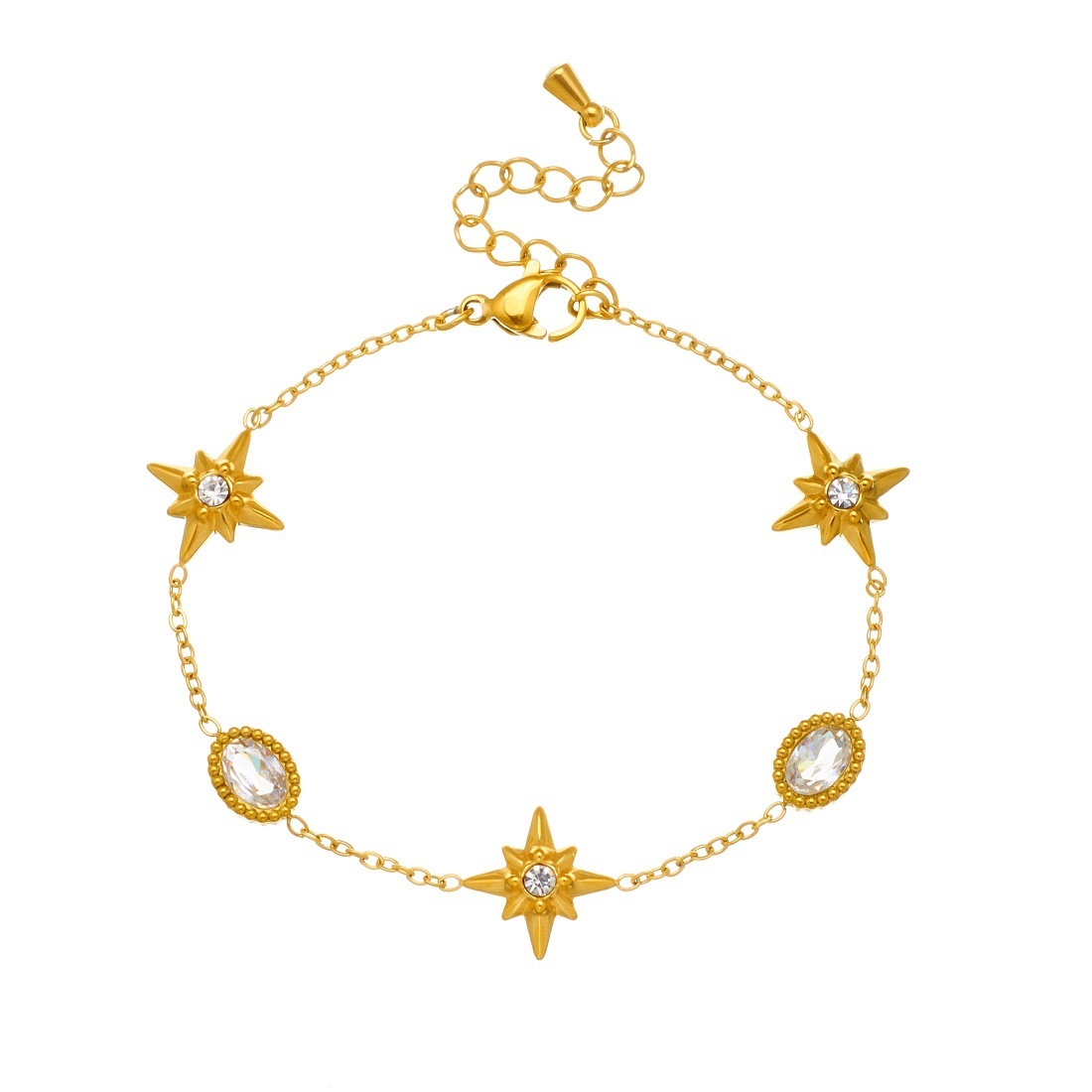 Korean style, fashionable and simple, rhinestone-encrusted oval gold-plated eight-pointed star accessory chain, exquisite stainless steel jewelry bracelet.