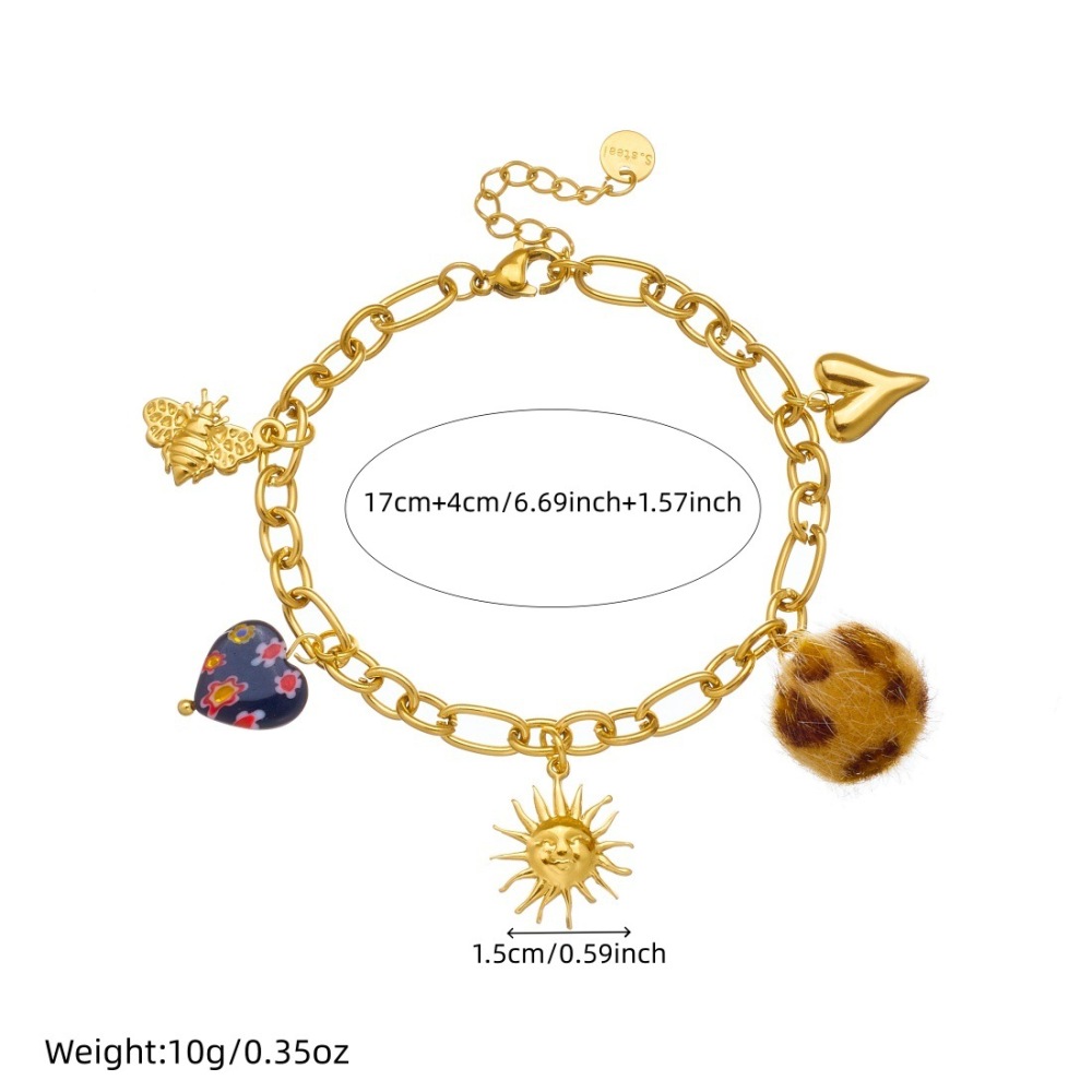 European and American cross-border Maillard style leopard print spherical heart-shaped gold-plated sun pendant stainless steel jewelry bracelet