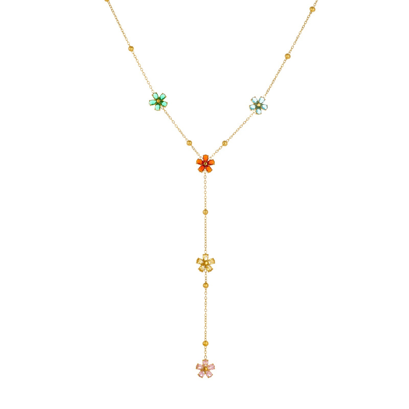 Cross-border fashion bestseller: Colorful rhinestone-encrusted flower tassel long chain Y-shaped stainless steel jewelry necklace