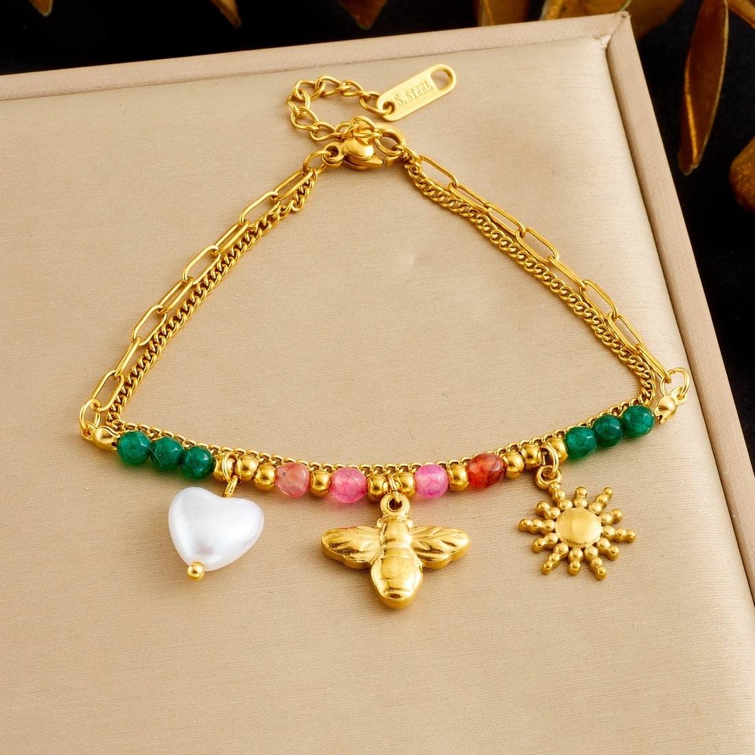 Niche Fashion Retro Colorful Beaded Chain Stainless Steel Heart Pearl Bee Sun Pendant Bracelet for Women