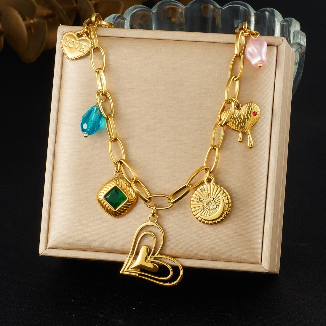 Cross-border fashion gold-plated multi-layered heart pendant cross round chain necklace with diamond-encrusted square stainless steel clavicle chain for women