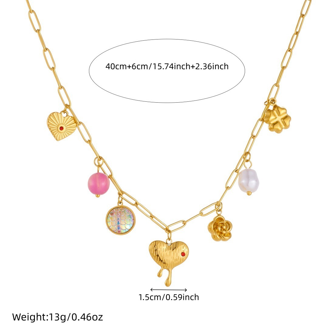 Cross-border fashion design gold-plated diamond-encrusted irregular heart flower fish scale round pendant stainless steel necklace