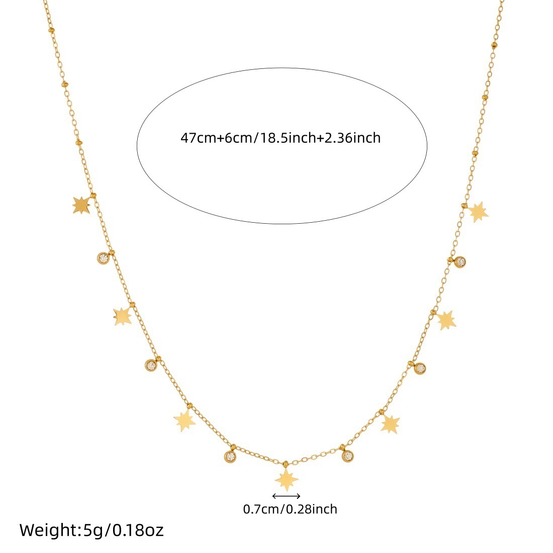 Stylish and simple eight-pointed star diamond-encrusted round pendant accessory gold-plated stainless steel chain jewelry elegant and versatile necklace