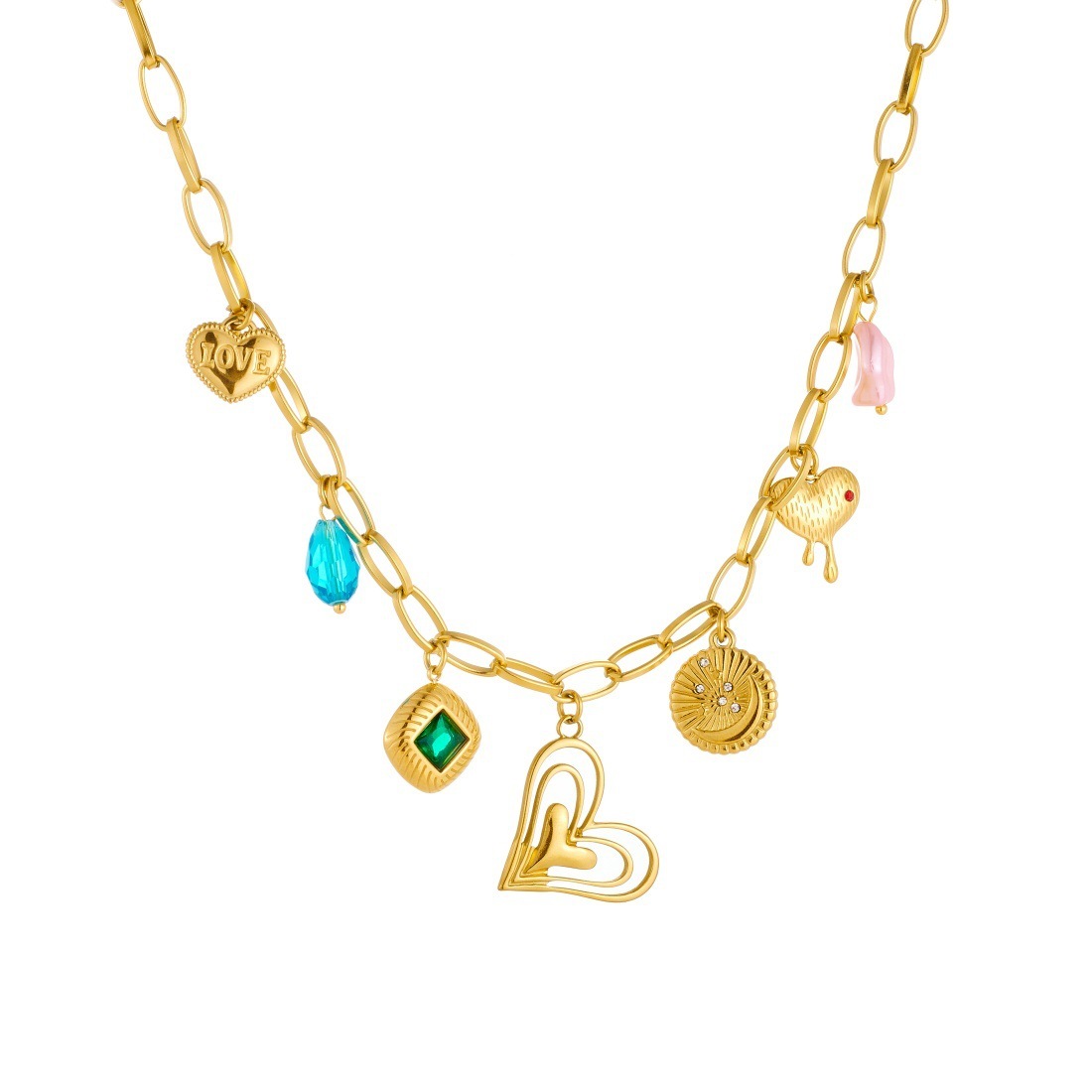 Cross-border fashion gold-plated multi-layered heart pendant cross round chain necklace with diamond-encrusted square stainless steel clavicle chain for women