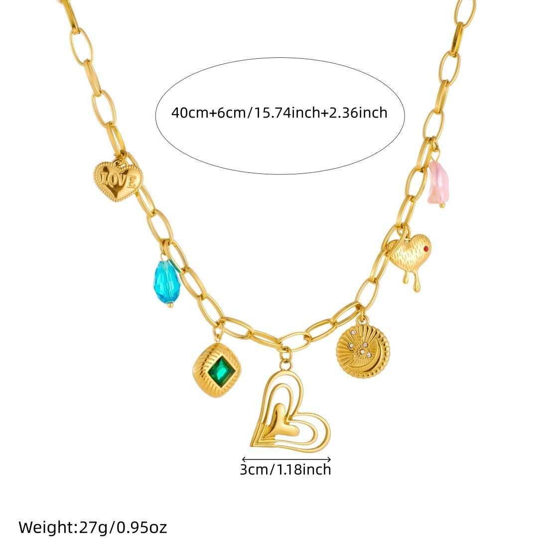 Cross-border fashion gold-plated multi-layered heart pendant cross round chain necklace with diamond-encrusted square stainless steel clavicle chain for women