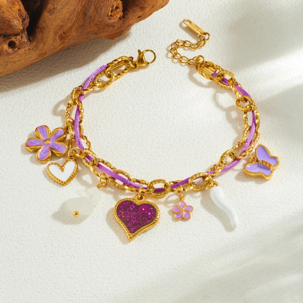 Korean style, fashionable, fresh and sweet purple dripping butterfly flower rope chain stainless steel heart pearl bracelet