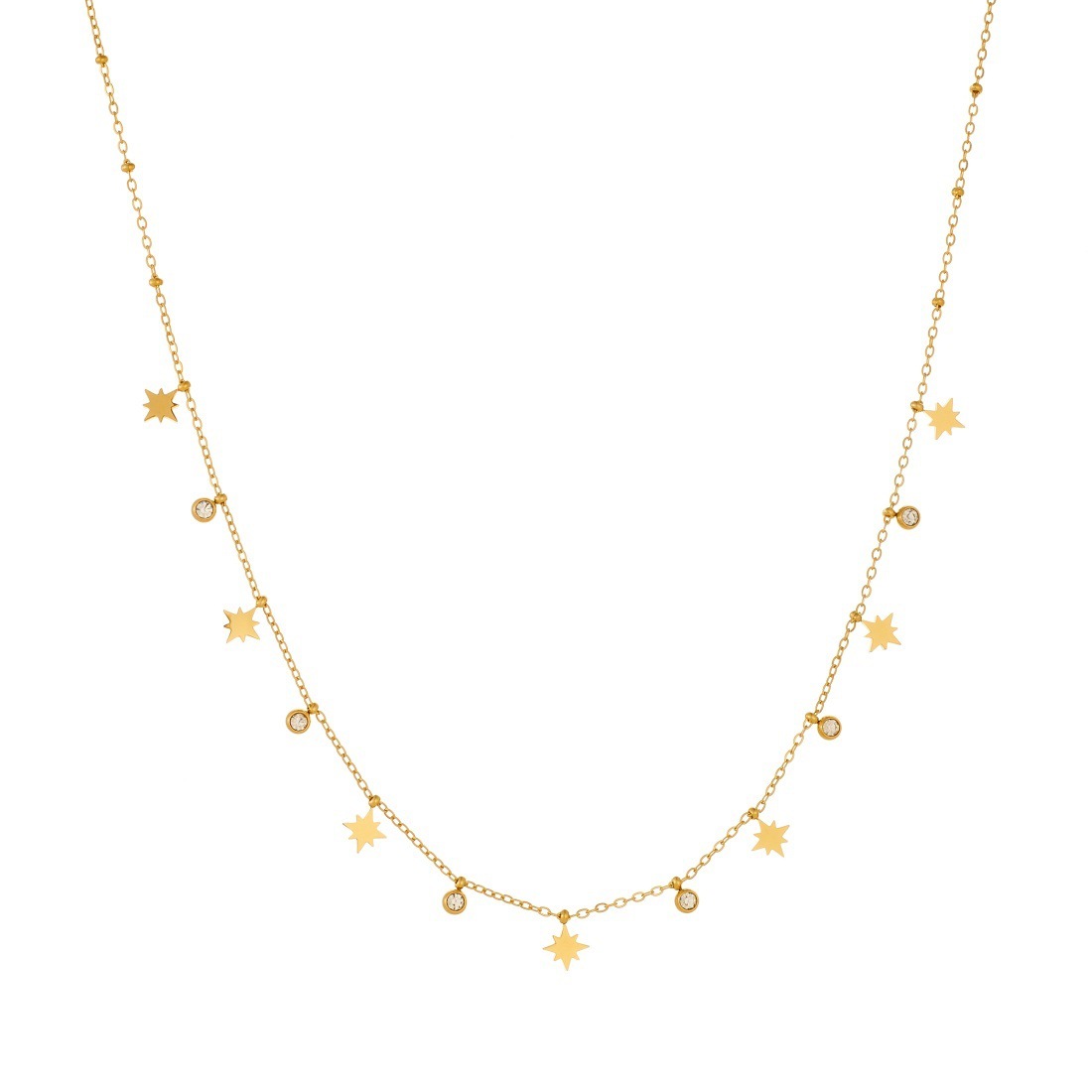 Stylish and simple eight-pointed star diamond-encrusted round pendant accessory gold-plated stainless steel chain jewelry elegant and versatile necklace