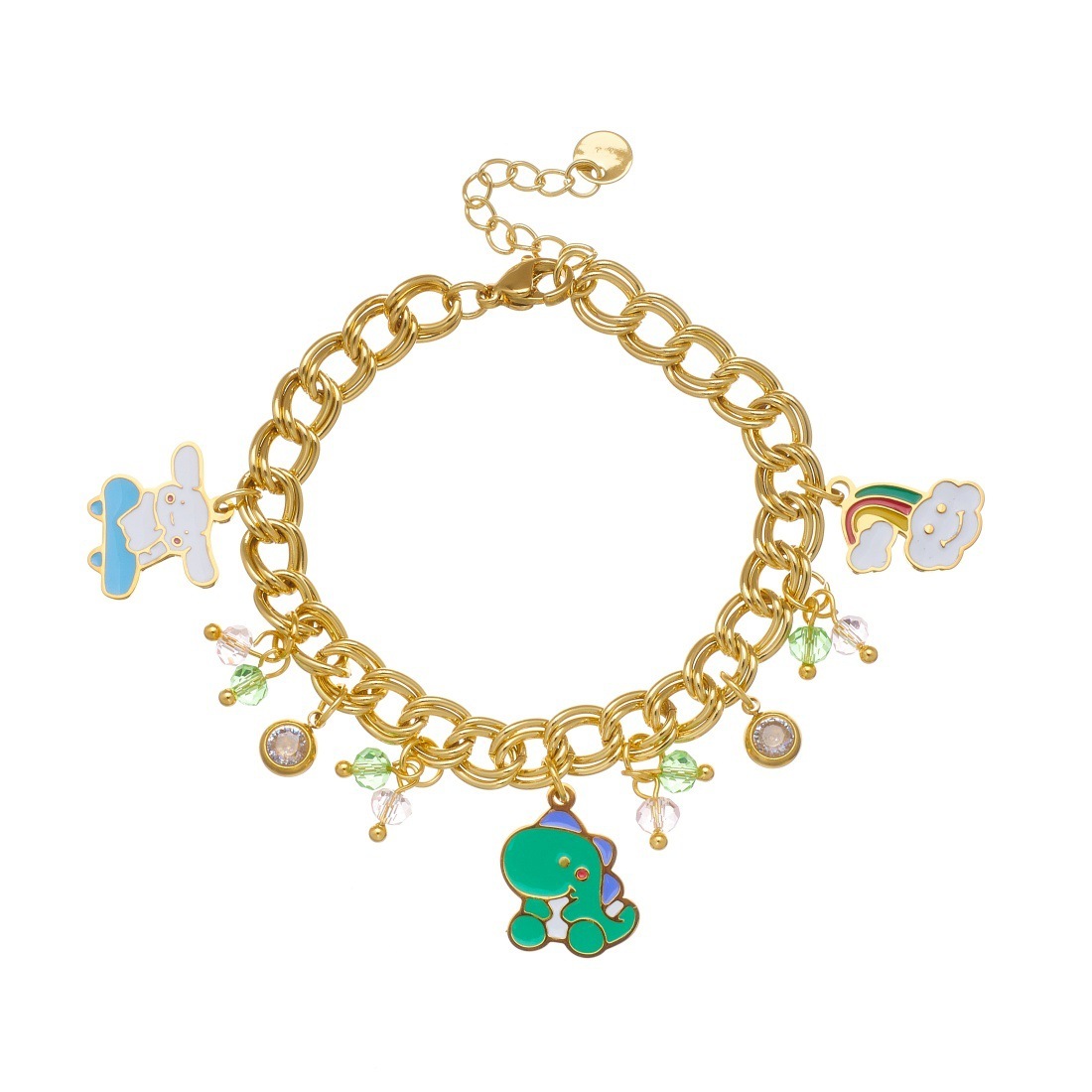 Stylish new cute cartoon rainbow cloud Q-version dinosaur pendant double chain stainless steel bracelet