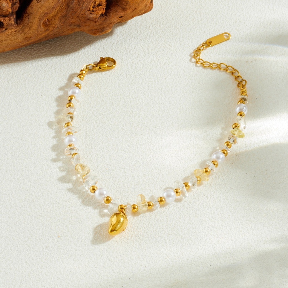 Fashionable cross-border transparent pebble beaded chain, exquisite and simple gold-plated glossy teardrop pendant stainless steel bracelet