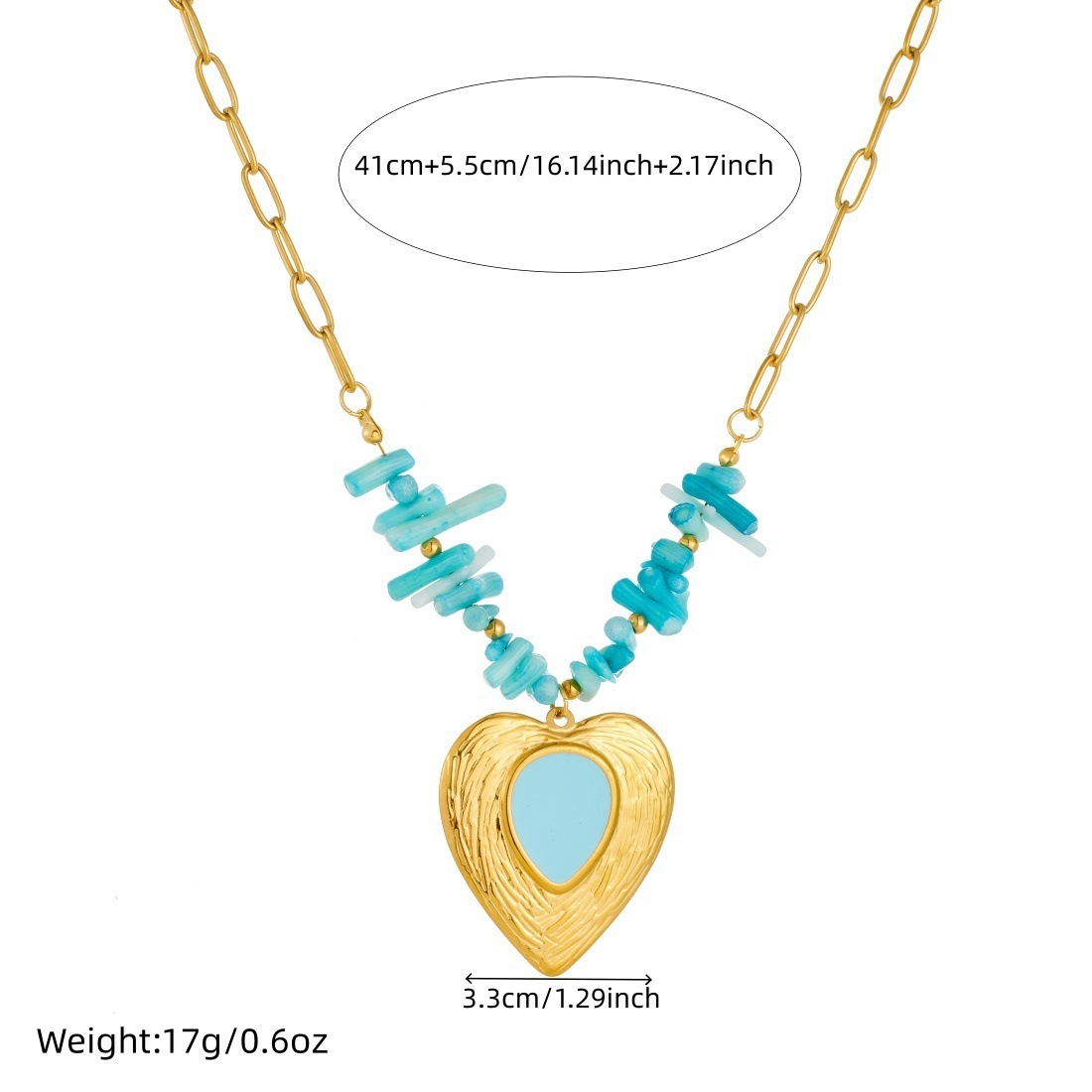 Cross-border fashion irregular blue pebble beaded chain necklace with gold-plated carved heart-shaped drip pendant clavicle chain