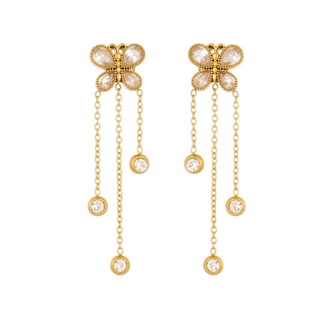 Stylish and simple everyday wear long dangling tassel chain round pendant butterfly gold-plated earrings