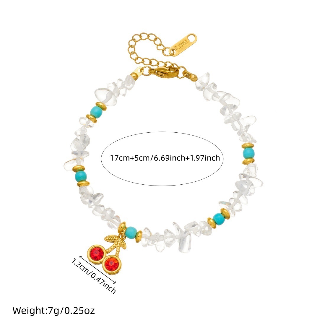 Cross-border fashion versatile irregular white turquoise beaded chain with diamond cherry pendant, handmade pebble bracelet