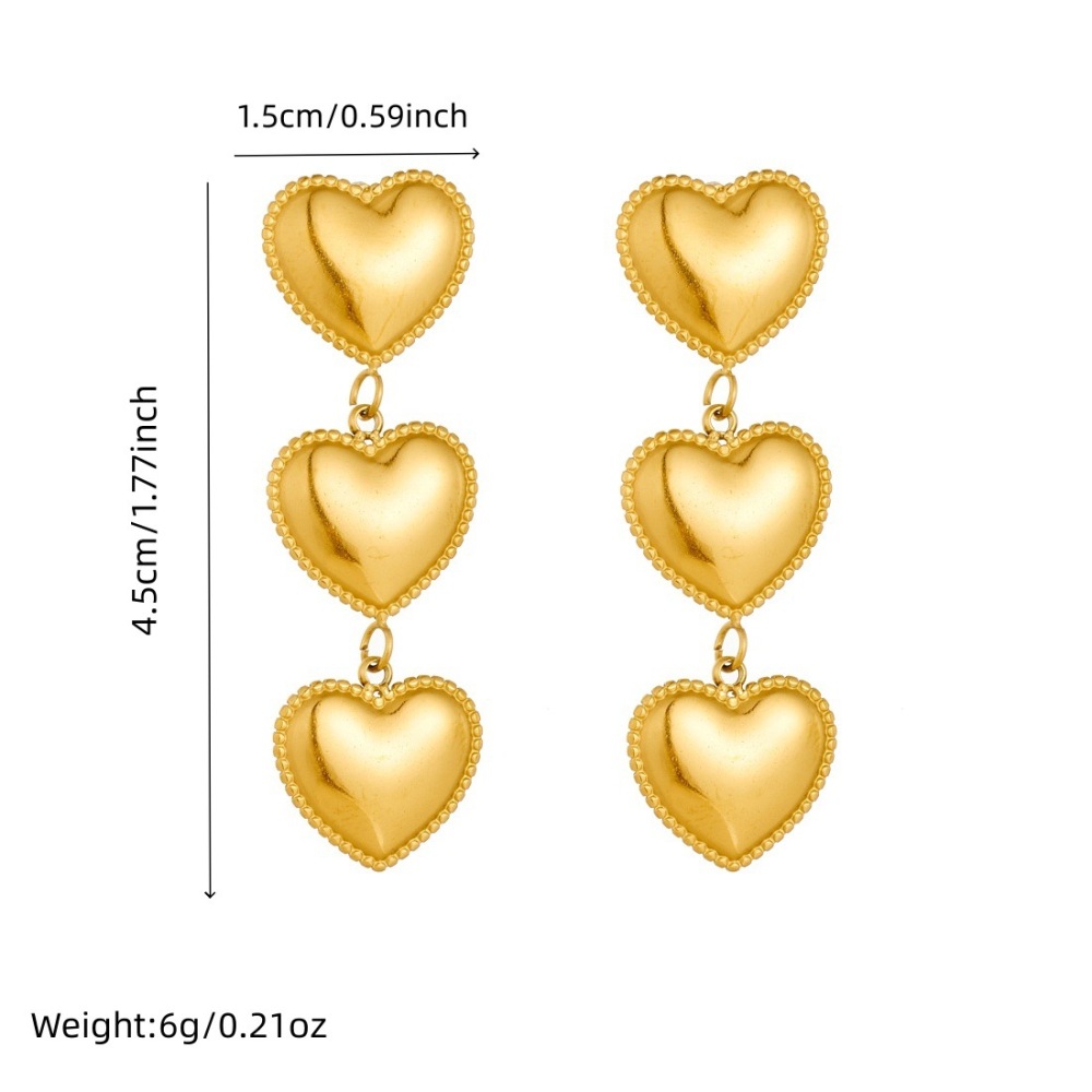 Korean style minimalist fashion, glossy gold-plated heart-shaped long dangling earrings, stainless steel jewelry.