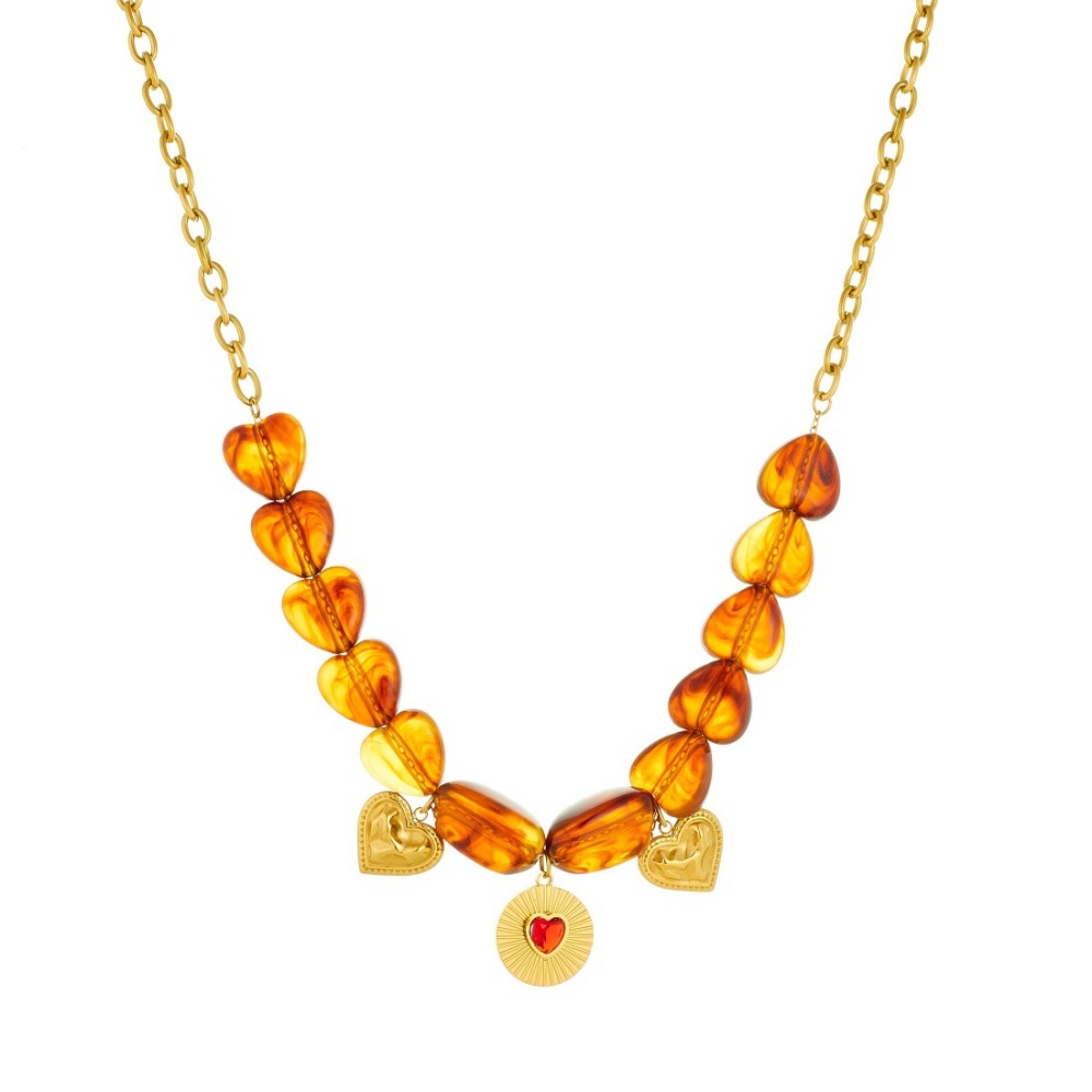 Cross-border fashion Maillard tiger's eye beaded chain with gold-plated heart-shaped diamond-encrusted round pendant jewelry set