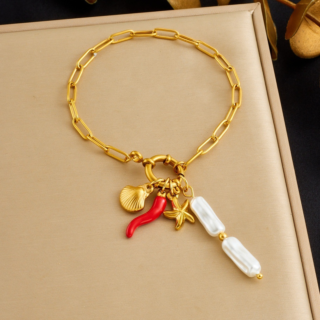 Korean Style Fashionable and Simple Gold-Plated Round Spring Clasp Handmade DIY Starfish Scallop Pearl Pendant Stainless Steel Bracelet