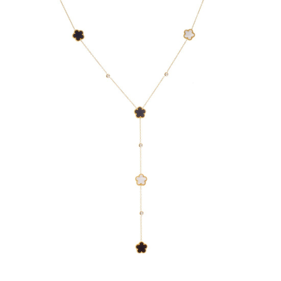 Korean style, fashionable, minimalist, black and white double-sided flower pendant long Y-shaped tassel stainless steel gold-plated necklace.