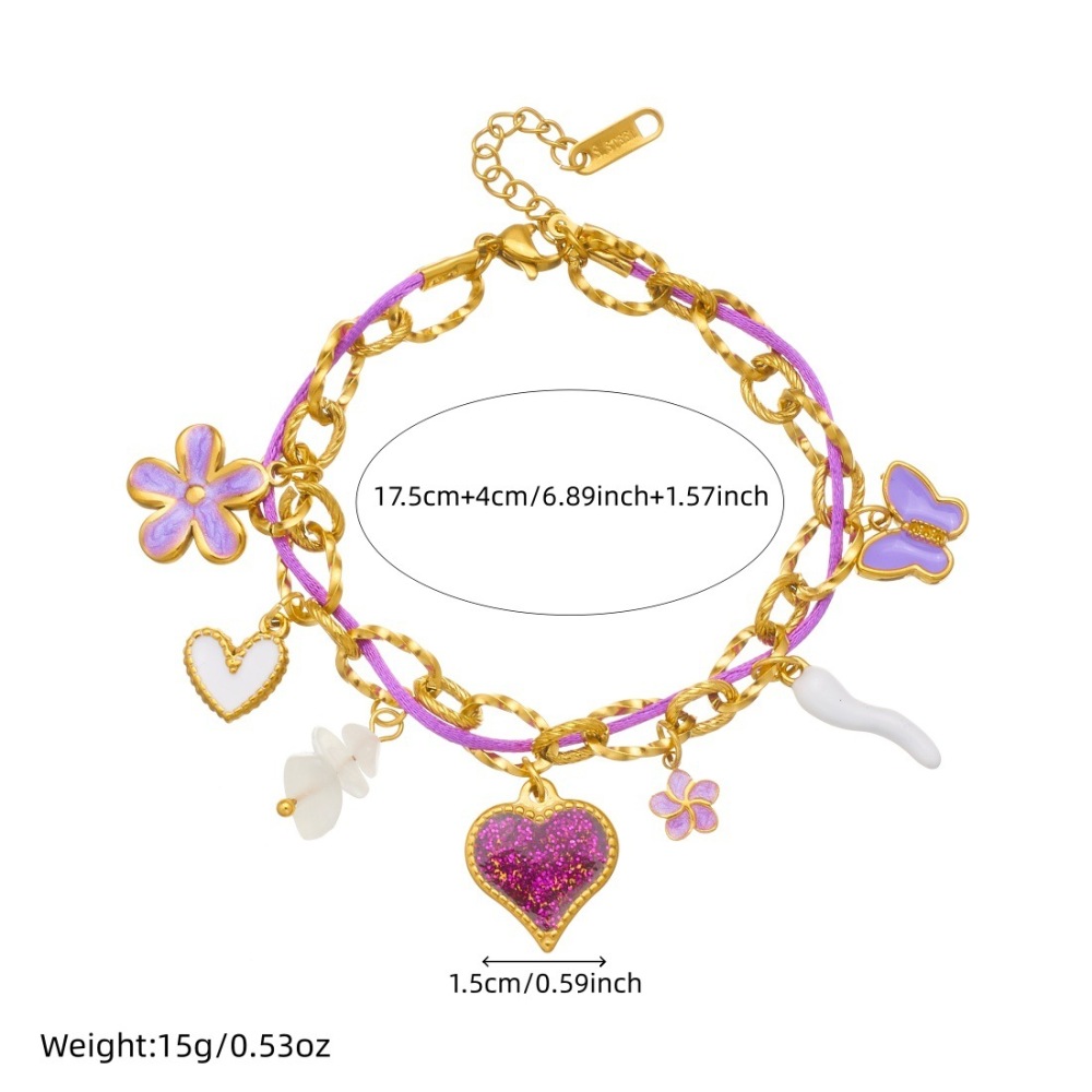 Korean style, fashionable, fresh and sweet purple dripping butterfly flower rope chain stainless steel heart pearl bracelet