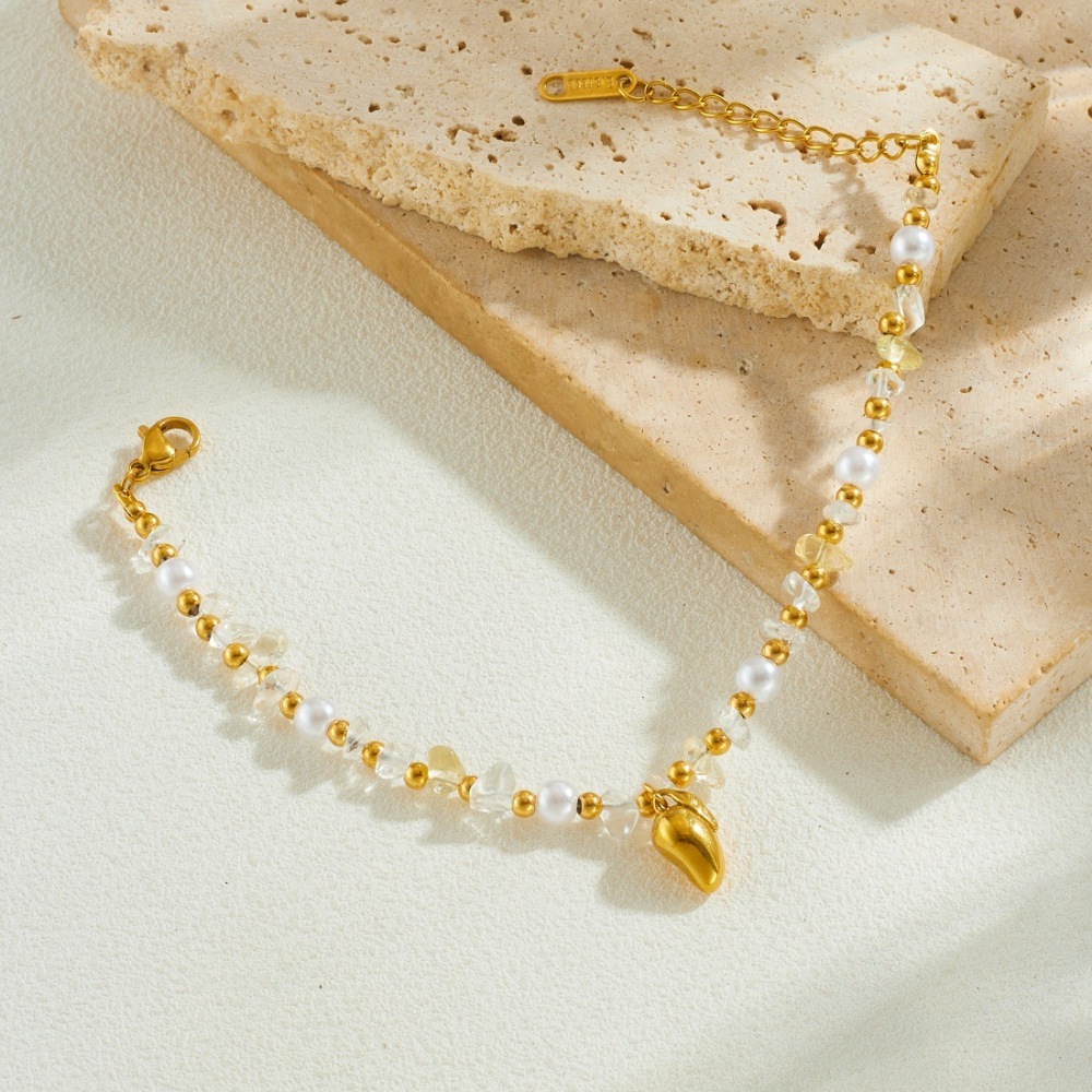 Fashionable cross-border transparent pebble beaded chain, exquisite and simple gold-plated glossy teardrop pendant stainless steel bracelet