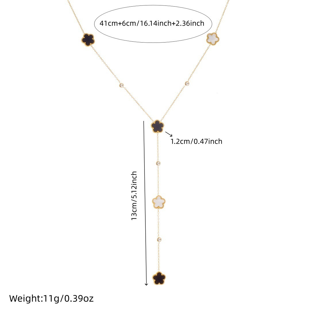 Korean style, fashionable, minimalist, black and white double-sided flower pendant long Y-shaped tassel stainless steel gold-plated necklace.