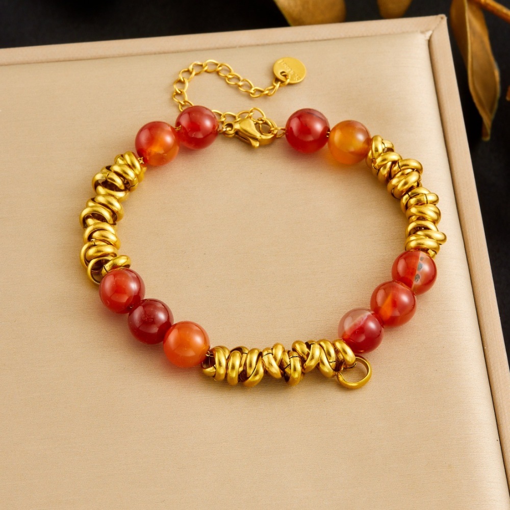 Cross-border fashion gold-plated circular red resin beaded chain stainless steel retro design jewelry bracelet