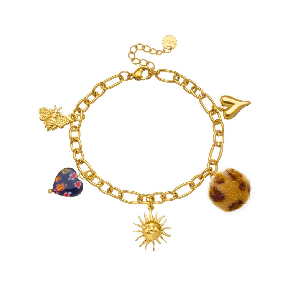 European and American cross-border Maillard style leopard print spherical heart-shaped gold-plated sun pendant stainless steel jewelry bracelet