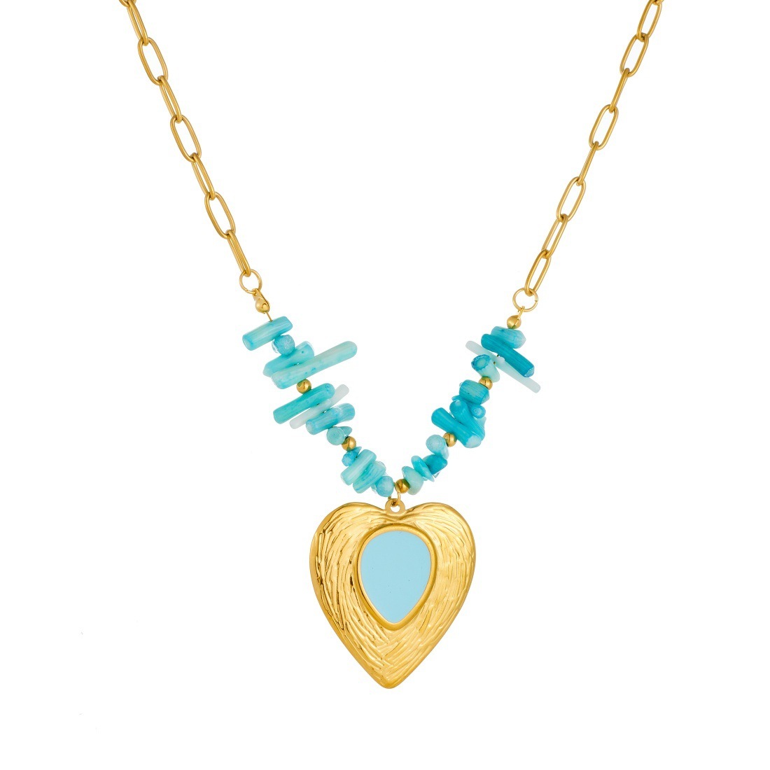 Cross-border fashion irregular blue pebble beaded chain necklace with gold-plated carved heart-shaped drip pendant clavicle chain