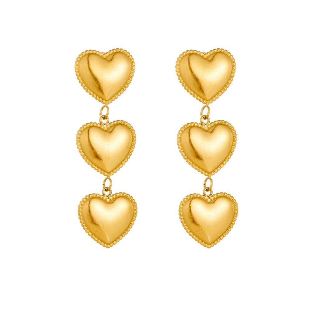 Korean style minimalist fashion, glossy gold-plated heart-shaped long dangling earrings, stainless steel jewelry.