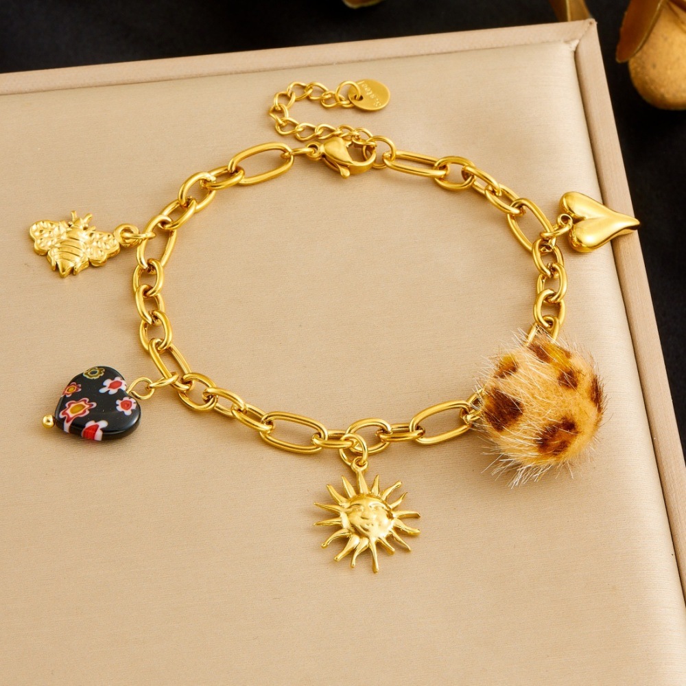 European and American cross-border Maillard style leopard print spherical heart-shaped gold-plated sun pendant stainless steel jewelry bracelet