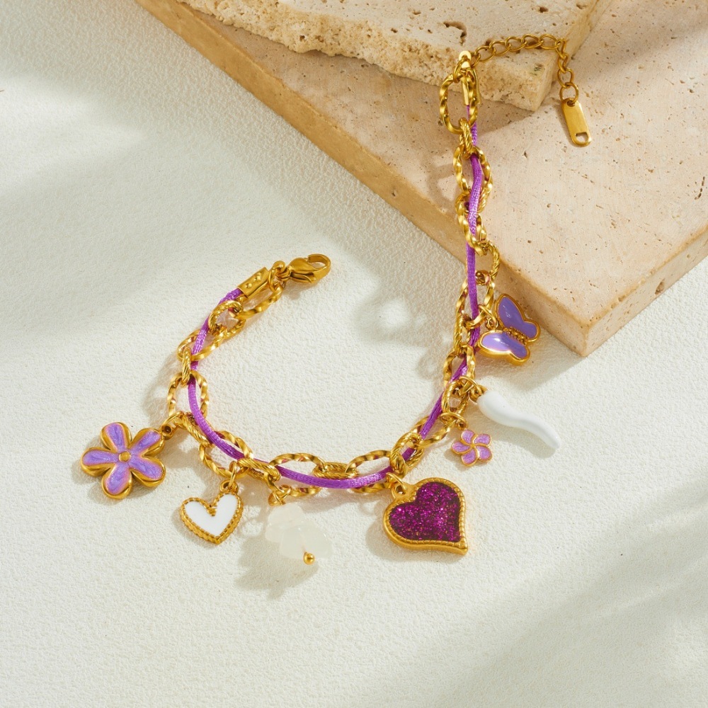 Korean style, fashionable, fresh and sweet purple dripping butterfly flower rope chain stainless steel heart pearl bracelet