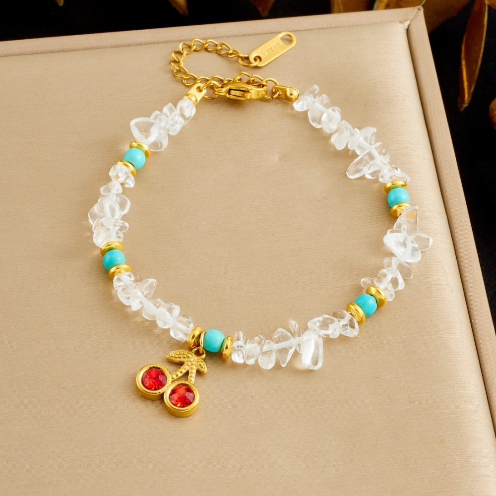 Cross-border fashion versatile irregular white turquoise beaded chain with diamond cherry pendant, handmade pebble bracelet