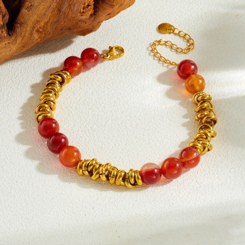 Cross-border fashion gold-plated circular red resin beaded chain stainless steel retro design jewelry bracelet