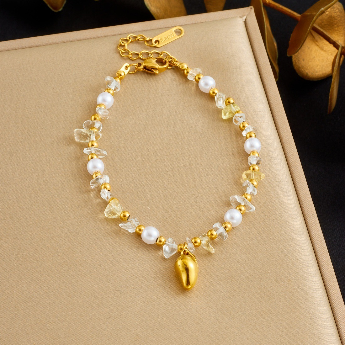 Fashionable cross-border transparent pebble beaded chain, exquisite and simple gold-plated glossy teardrop pendant stainless steel bracelet
