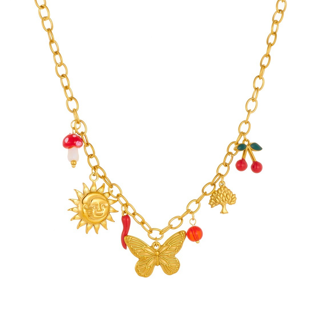 Cross-border fashion gold-plated multi-element pendant sun bow dripping cherry pendant stainless steel jewelry necklace