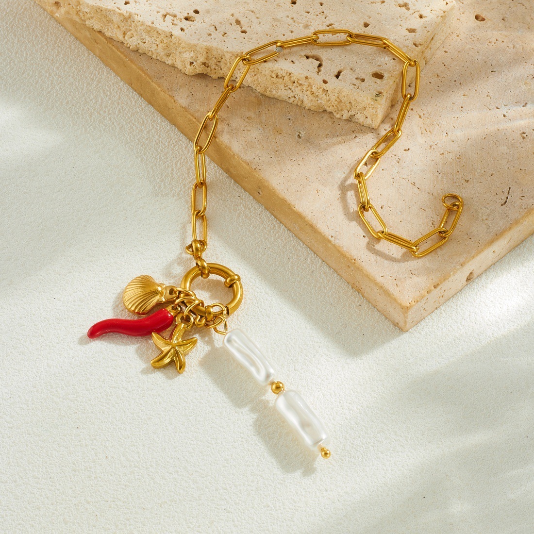 Korean Style Fashionable and Simple Gold-Plated Round Spring Clasp Handmade DIY Starfish Scallop Pearl Pendant Stainless Steel Bracelet