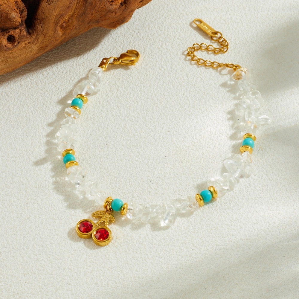 Cross-border fashion versatile irregular white turquoise beaded chain with diamond cherry pendant, handmade pebble bracelet