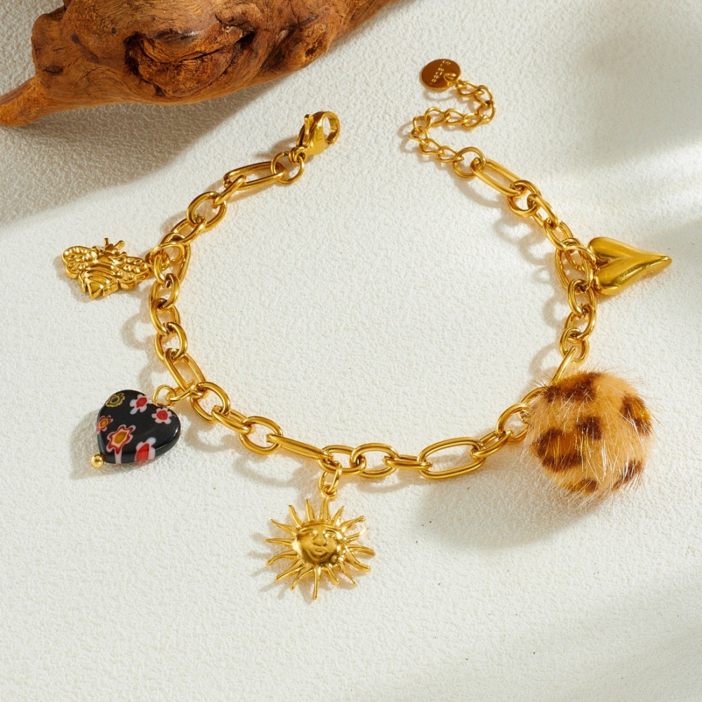 European and American cross-border Maillard style leopard print spherical heart-shaped gold-plated sun pendant stainless steel jewelry bracelet