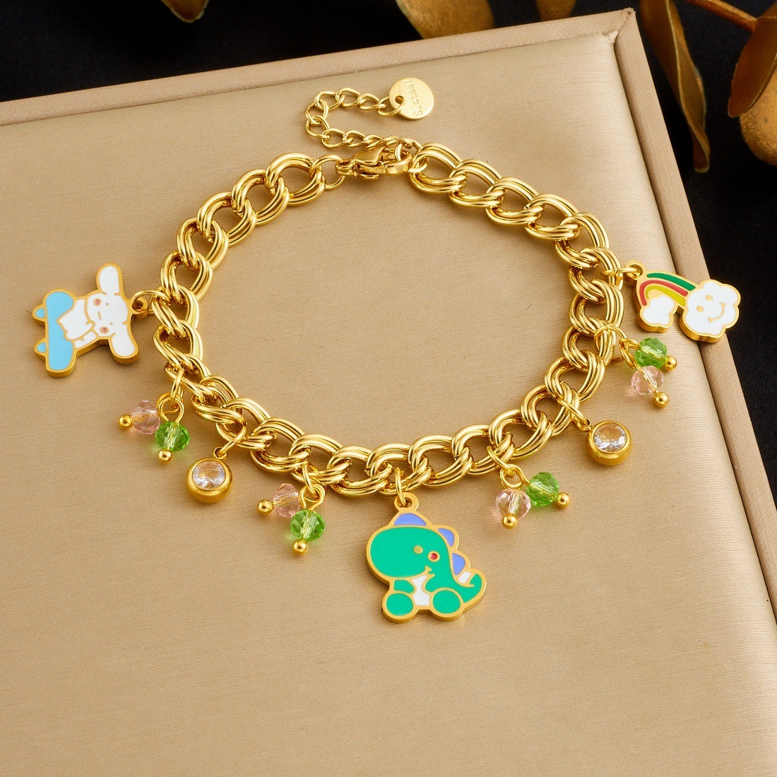 Stylish new cute cartoon rainbow cloud Q-version dinosaur pendant double chain stainless steel bracelet