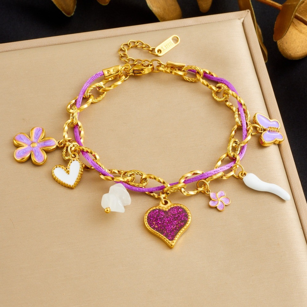 Korean style, fashionable, fresh and sweet purple dripping butterfly flower rope chain stainless steel heart pearl bracelet