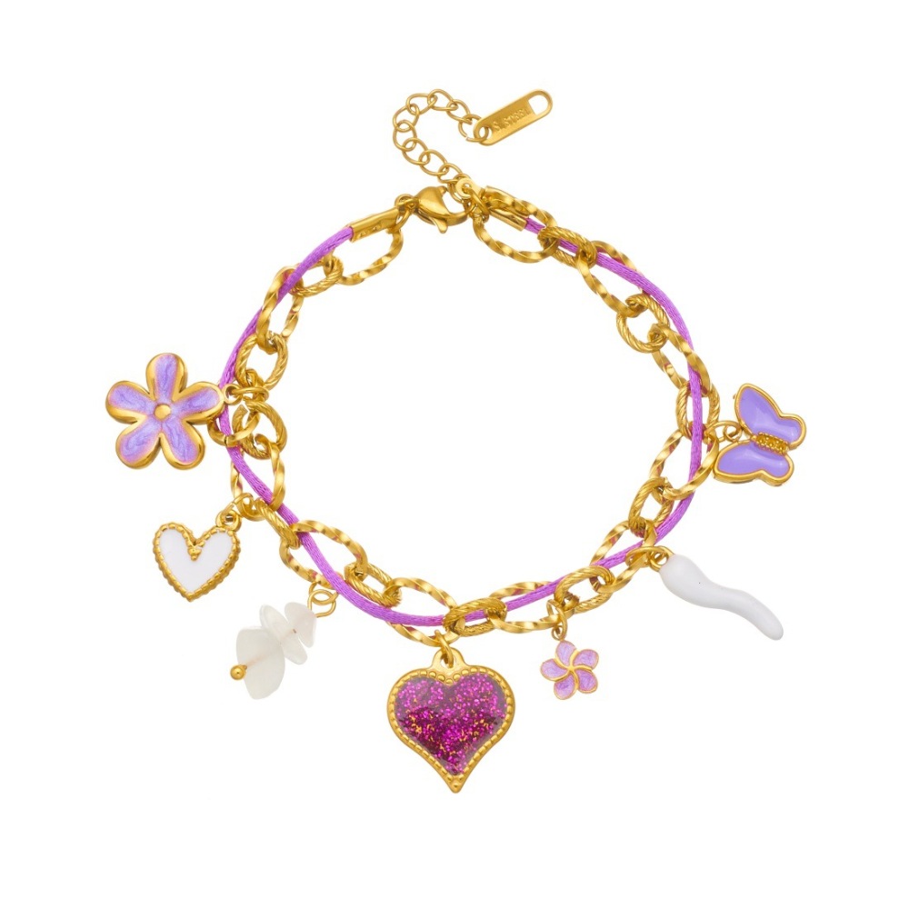 Korean style, fashionable, fresh and sweet purple dripping butterfly flower rope chain stainless steel heart pearl bracelet