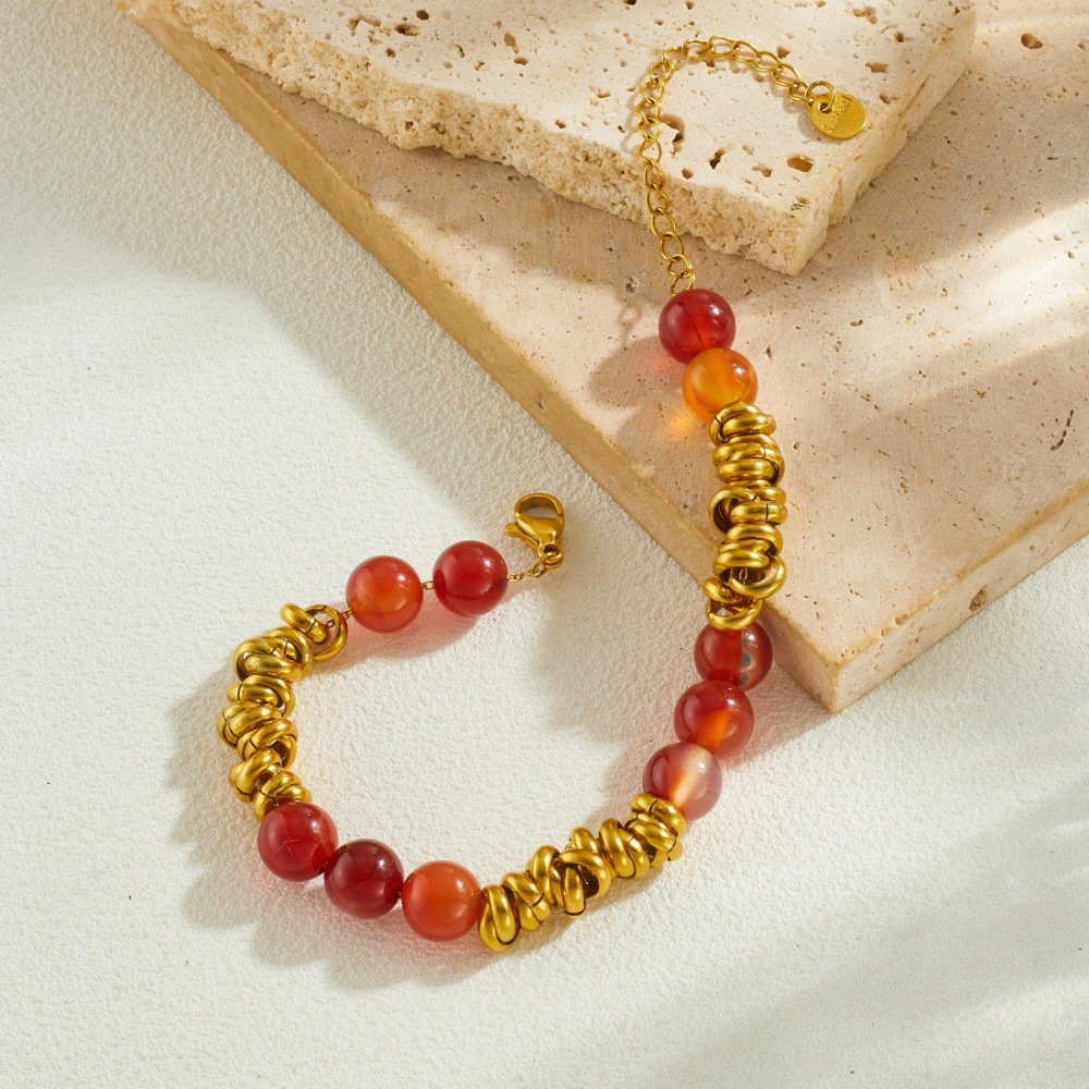 Cross-border fashion gold-plated circular red resin beaded chain stainless steel retro design jewelry bracelet