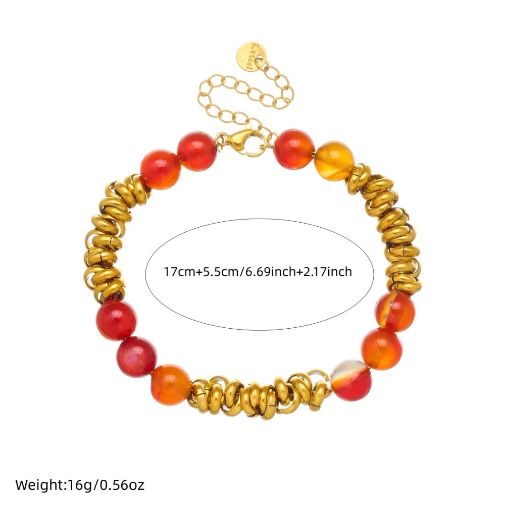 Cross-border fashion gold-plated circular red resin beaded chain stainless steel retro design jewelry bracelet