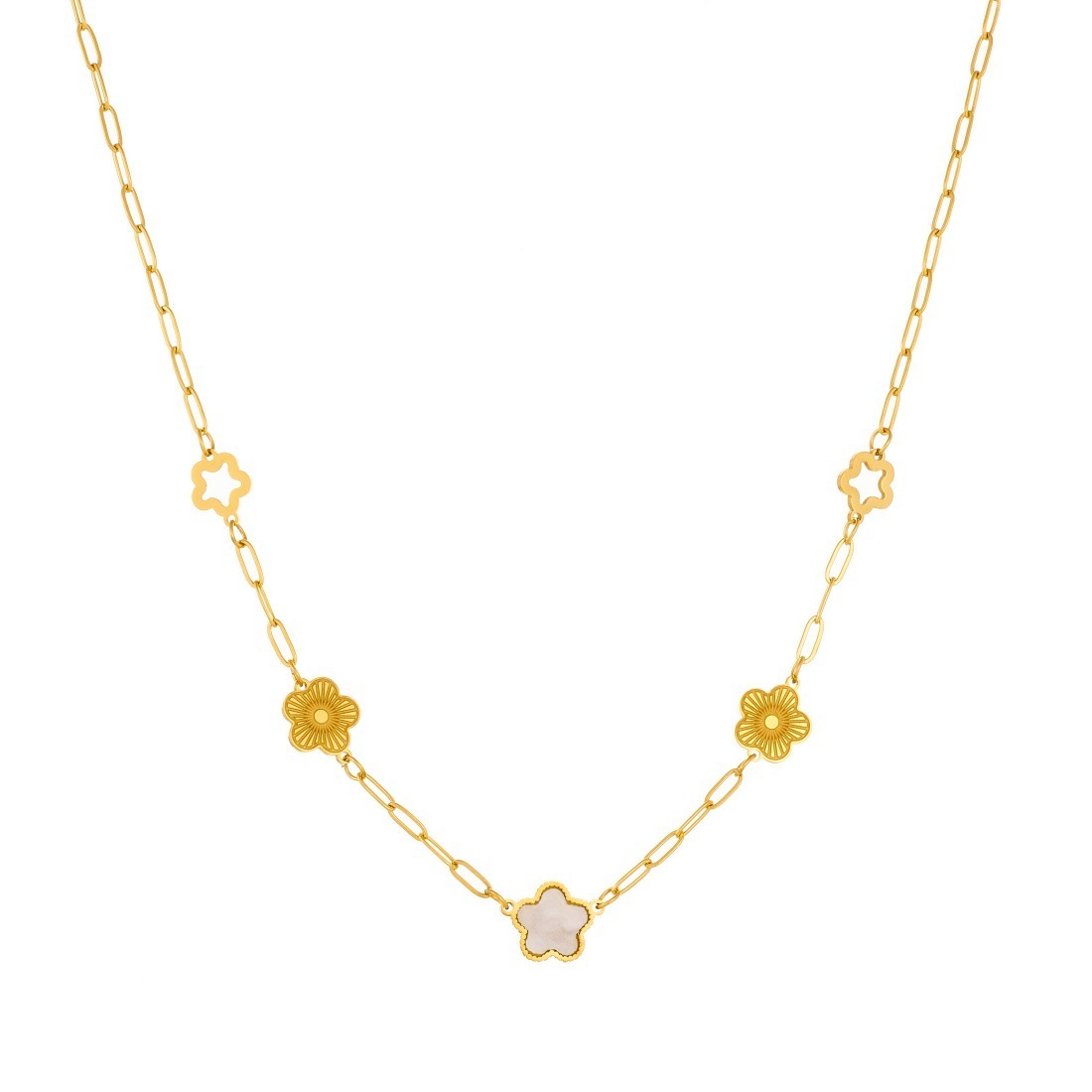 Fashionable retro gold-plated hollowed-out flower white shell accessories cross chain stainless steel popular versatile jewelry necklace