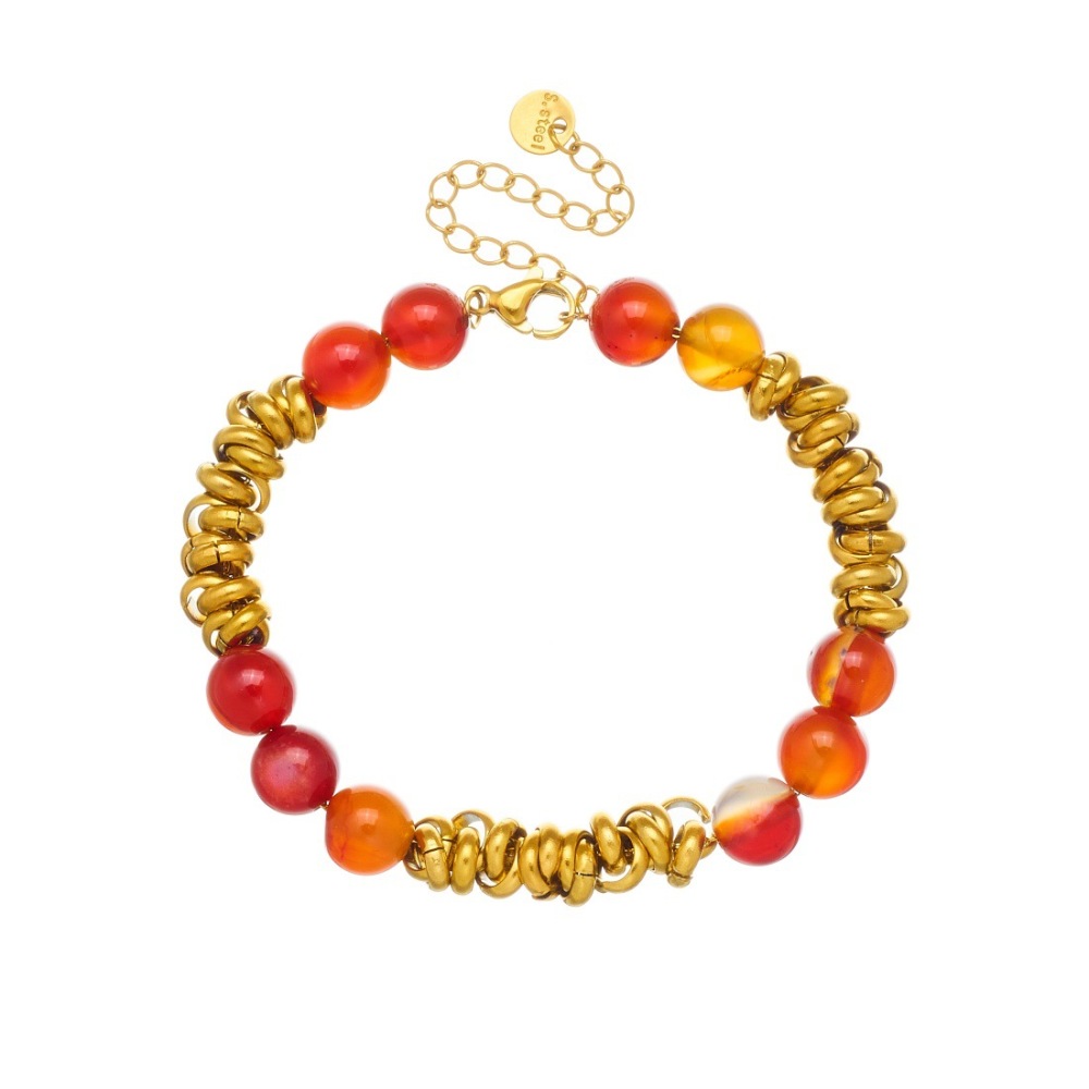 Cross-border fashion gold-plated circular red resin beaded chain stainless steel retro design jewelry bracelet