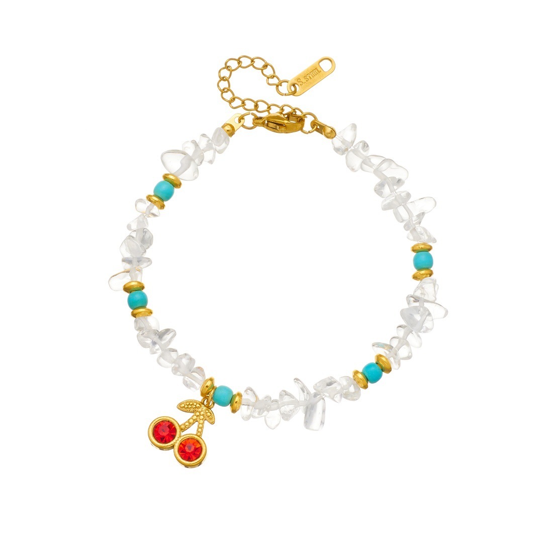 Cross-border fashion versatile irregular white turquoise beaded chain with diamond cherry pendant, handmade pebble bracelet