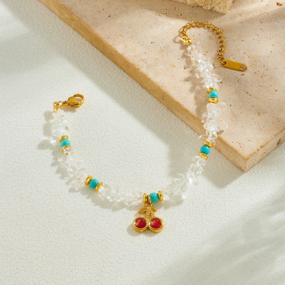 Cross-border fashion versatile irregular white turquoise beaded chain with diamond cherry pendant, handmade pebble bracelet